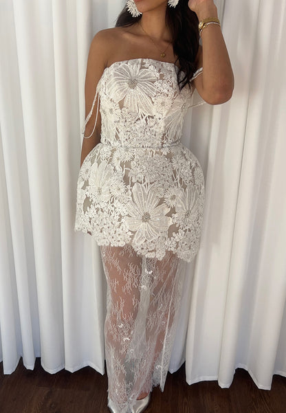 Floral Lace Strapless Dress with Peplum