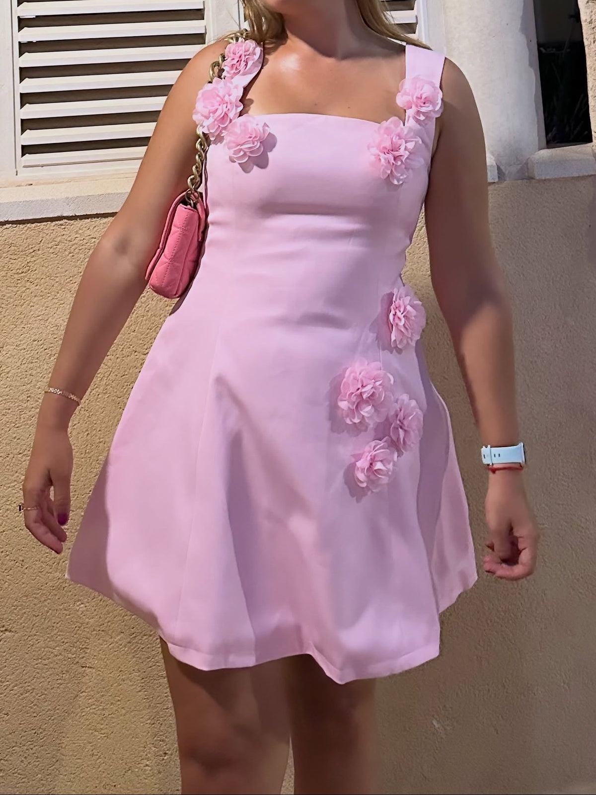 3D Floral Applique Square Neck Mini A-Line Dress