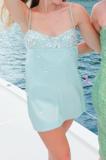 Embellished A-Line Mini Dress with Lace-Up Back