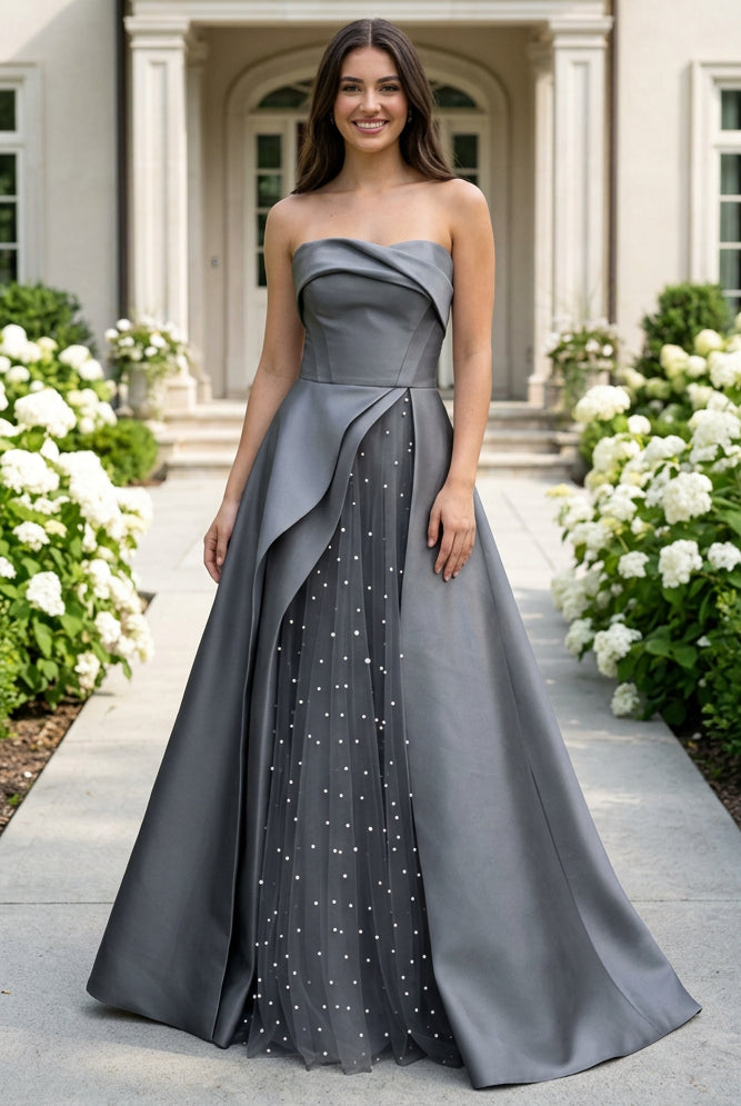 Strapless Satin Ball Gown with Pearl Tulle Split