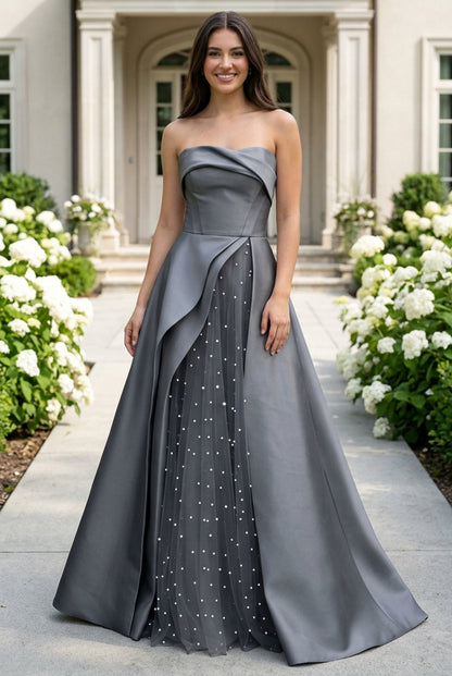 Strapless Satin Ball Gown with Pearl Tulle Split