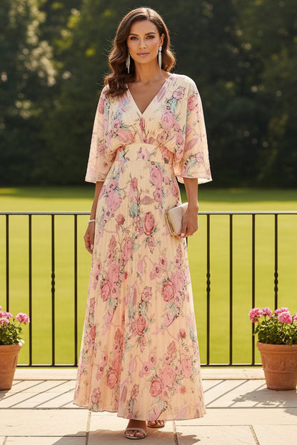Floral Print V-Neck Flutter Sleeve Maxi Dress