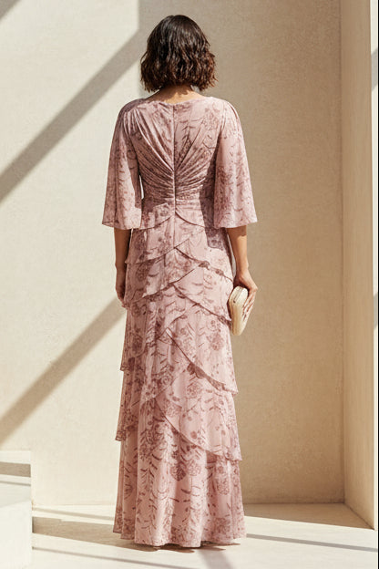 V-Neck Tiered Floral Chiffon Evening Gown