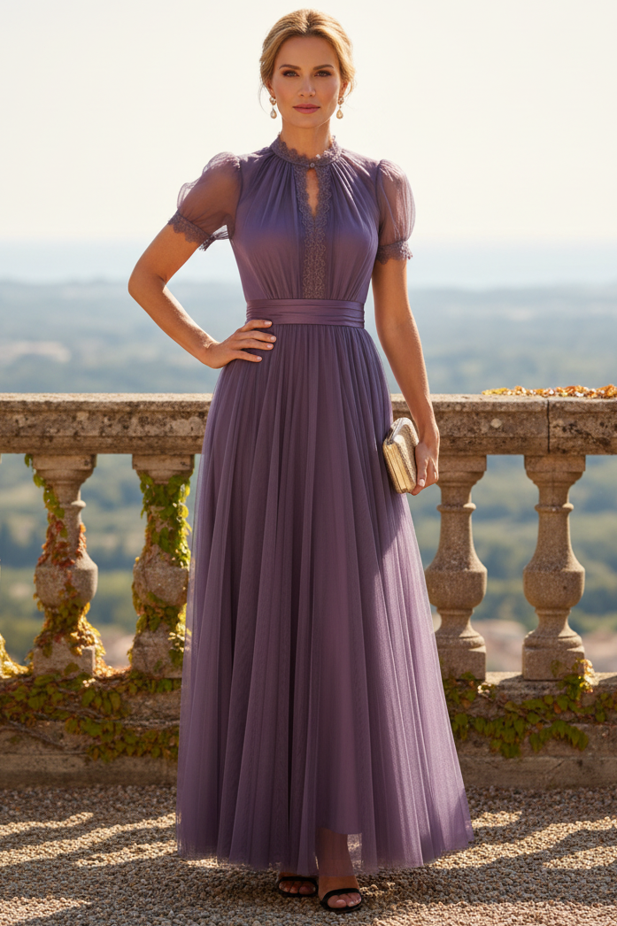 Pleated Ankle-Length Dress with Keyhole Neckline