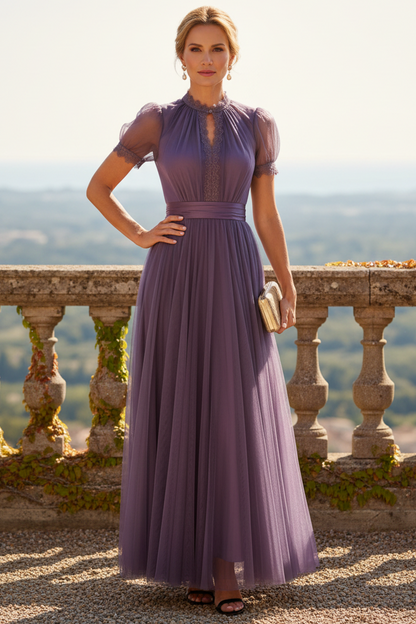 Pleated Ankle-Length Dress with Keyhole Neckline