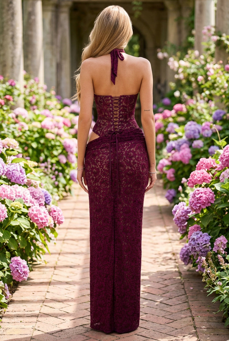 Lace Halter Corset Gown with Asymmetric Cutout