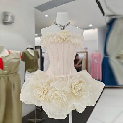 Strapless Corset 3D Rose Ruffle Mini Dress