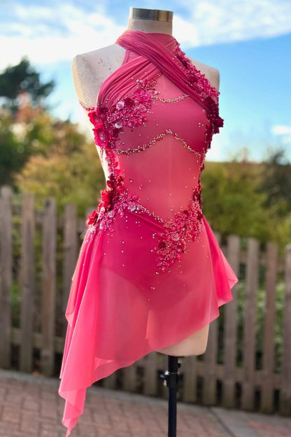 Asymmetrical Halter Neck Mini Dress with 3D Flowers