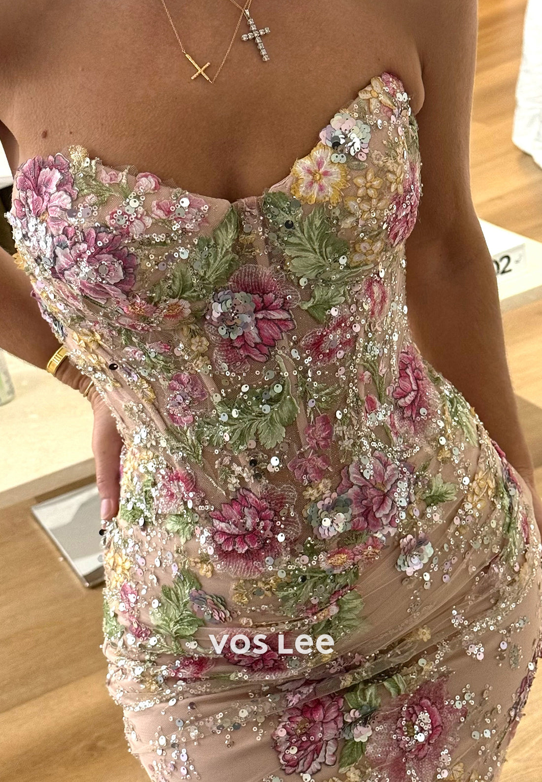 Floral Embroidered Strapless Corset Gown