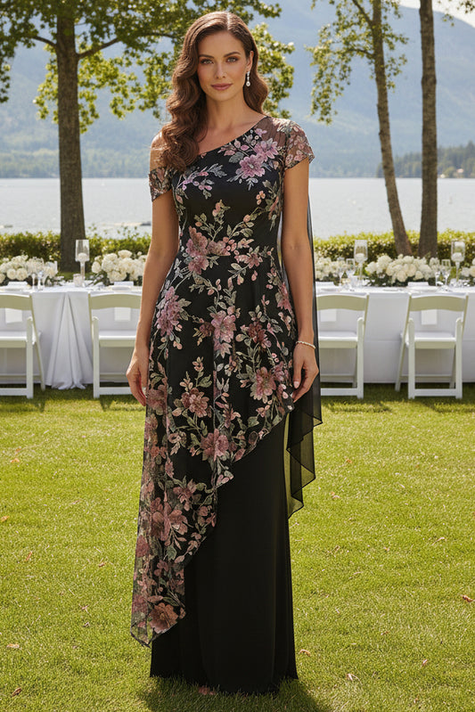 One-Shoulder Embroidered Floral Evening Gown
