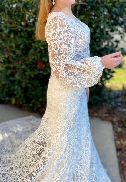 Lace Long Sleeve Open Back Wedding Dress