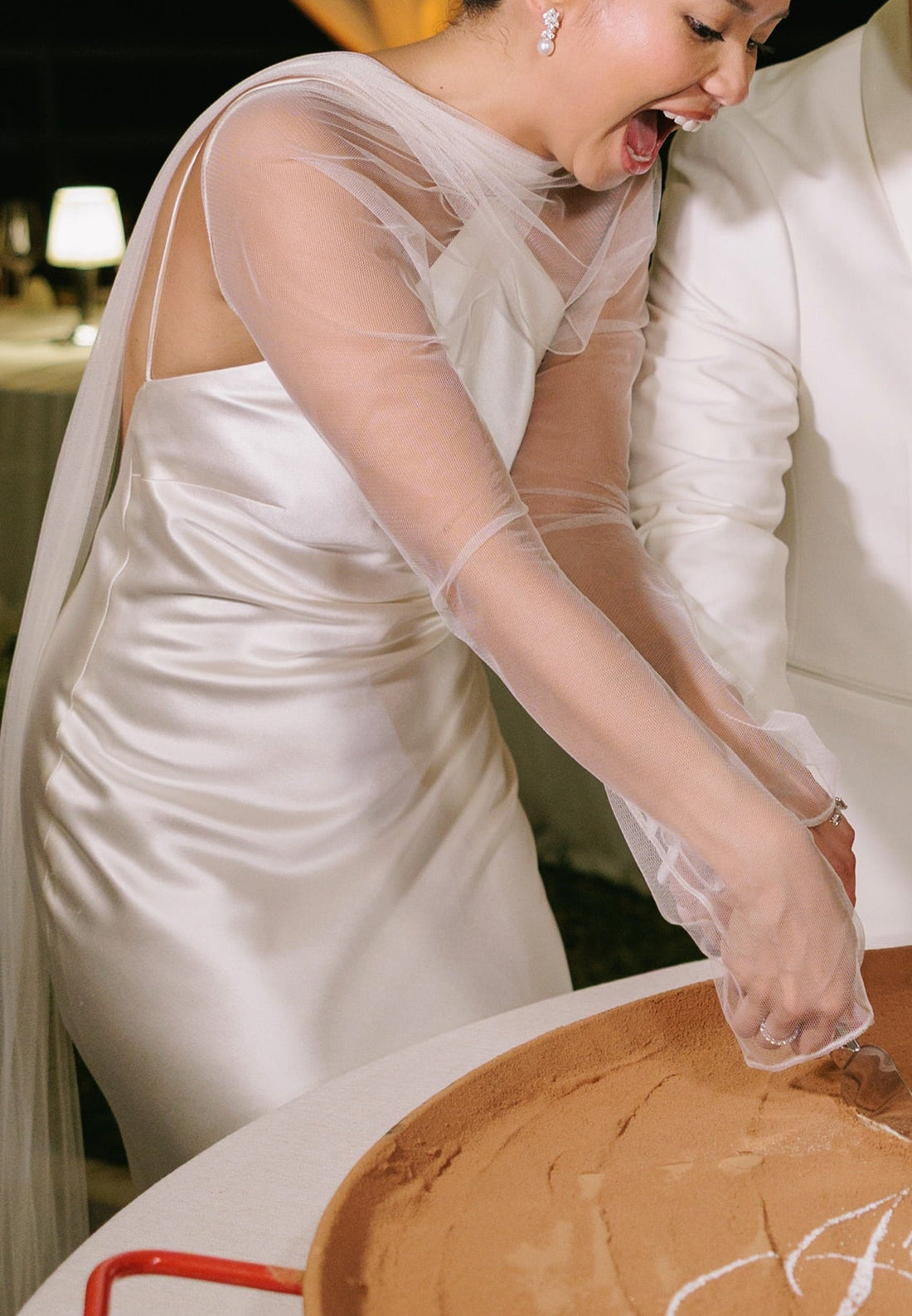 Satin Slip Wedding Dress with Sheer Cape Sleeves