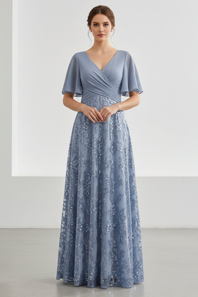 Flutter Sleeve Lace A-Line Evening Gown