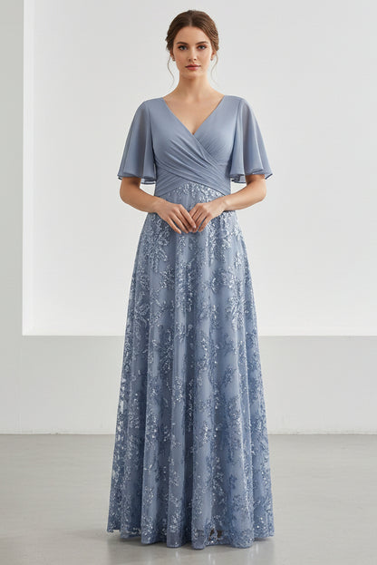 Flutter Sleeve Lace A-Line Evening Gown