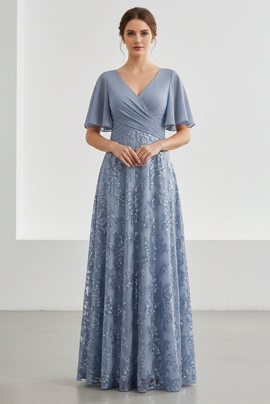 Flutter Sleeve Lace A-Line Evening Gown