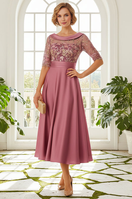 Elegant Lace Satin Bateau Neck Midi Dress