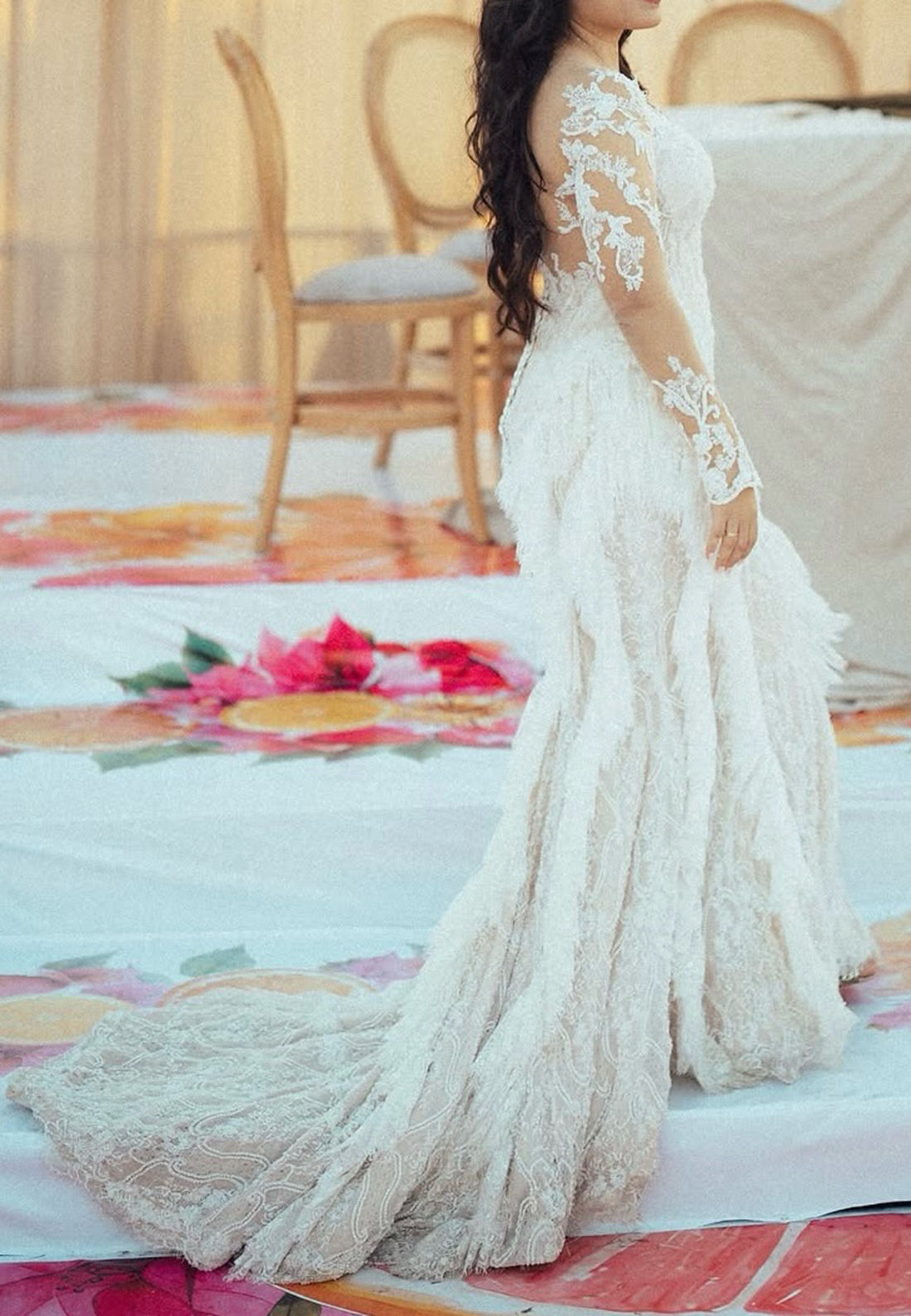 Lace Fringe Wedding Dress with Illusion Sleeves