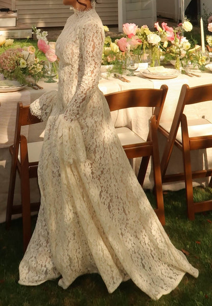Lace High Neck Bell Sleeve Wedding Dress
