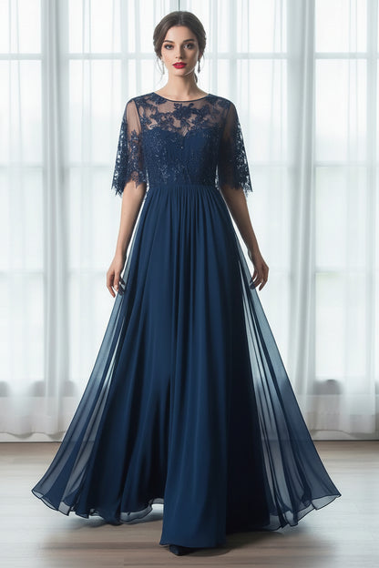 Illusion Lace Chiffon A-Line Gown with Pockets