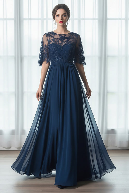 Illusion Lace Chiffon A-Line Gown with Pockets
