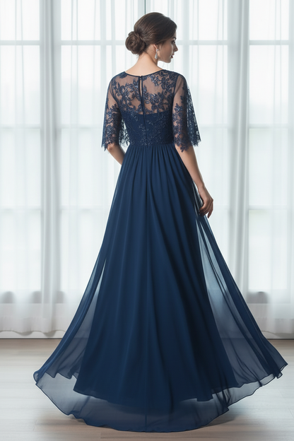 Illusion Lace Chiffon A-Line Gown with Pockets