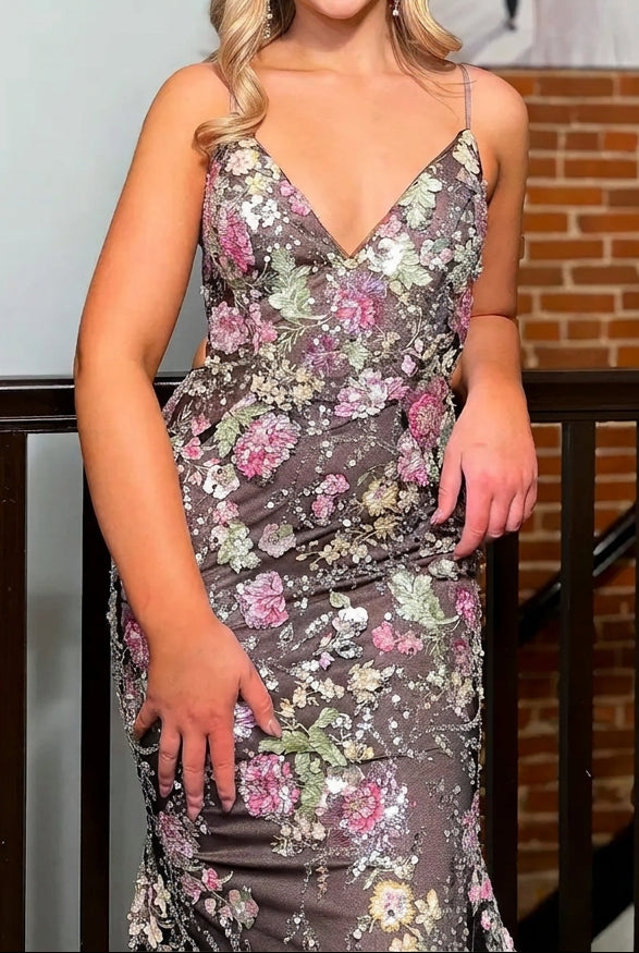 Floral Sequin Mermaid Gown with Lace-Up Back