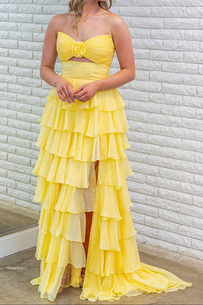 Strapless Tiered Floral Ruffle Gown with Slit