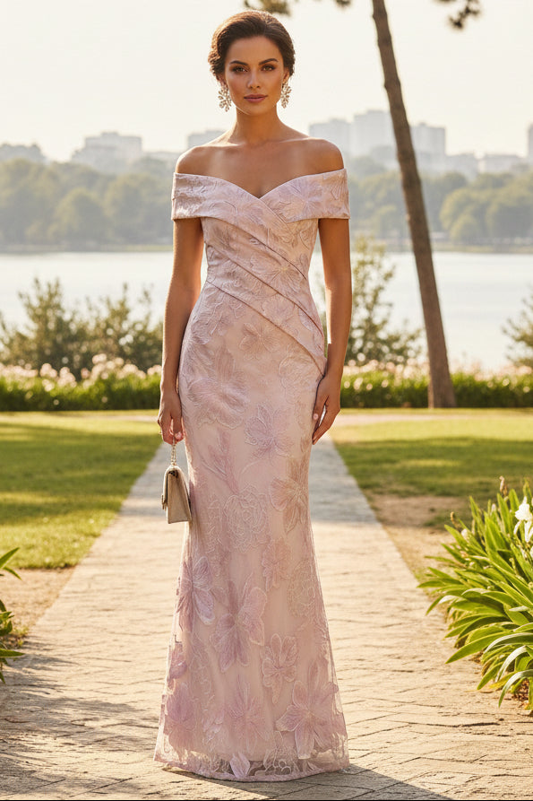 Off-the-Shoulder Jacquard Floral Evening Gown