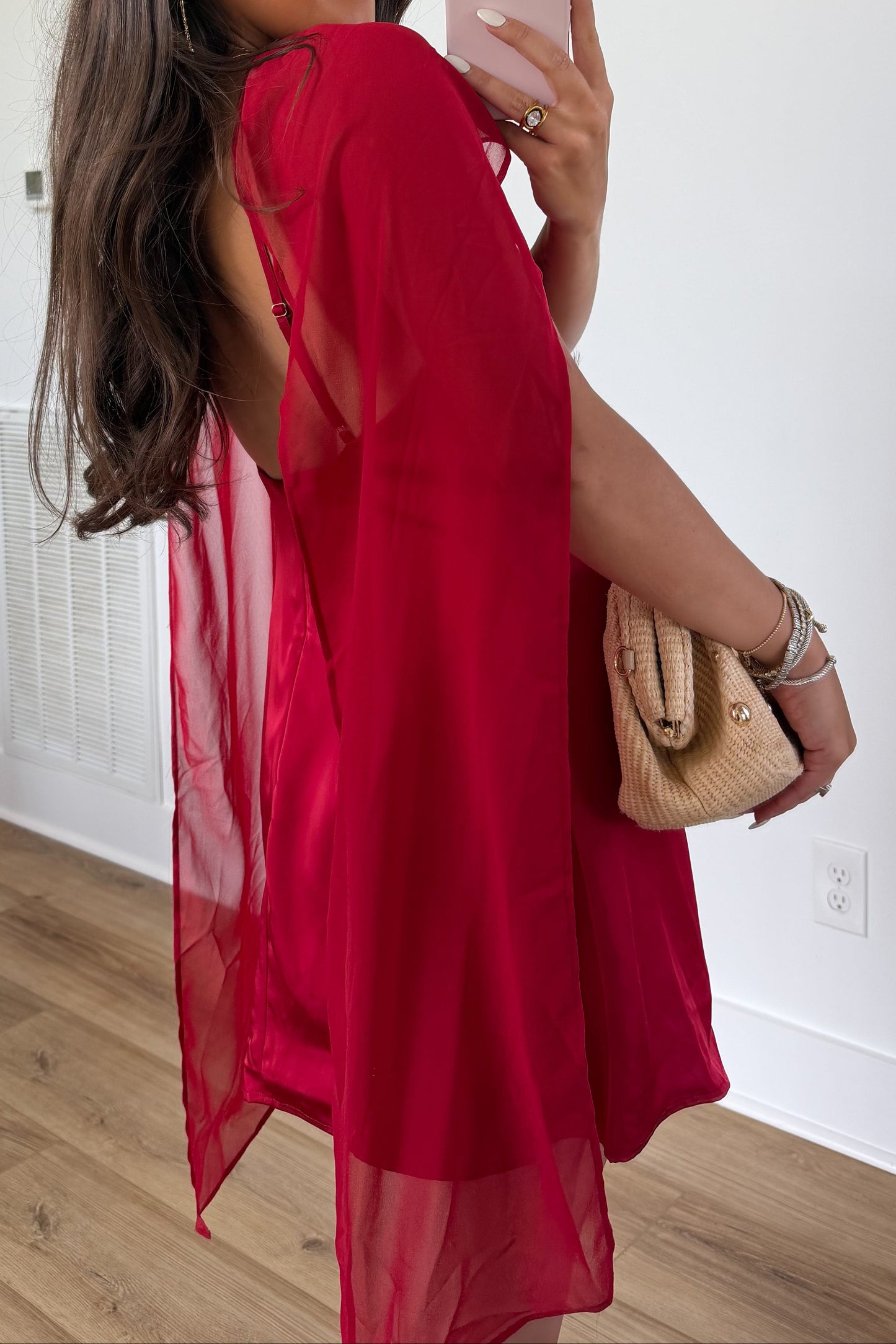 Halter Cut-Out Mini Dress with Sheer Cape Detail