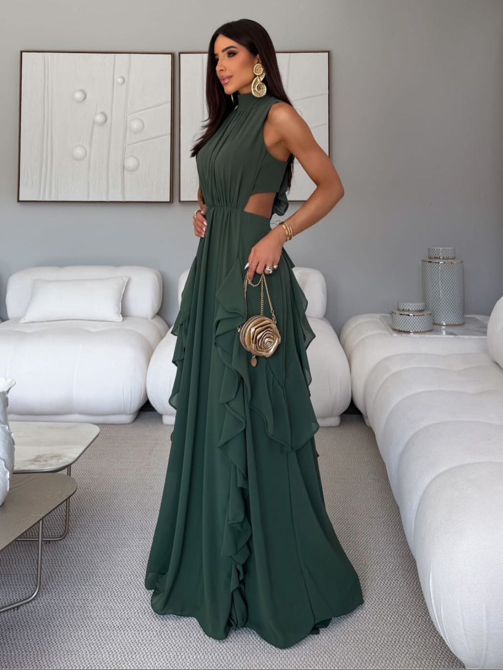 High-Neck Ruffle Backless Chiffon Maxi Dress