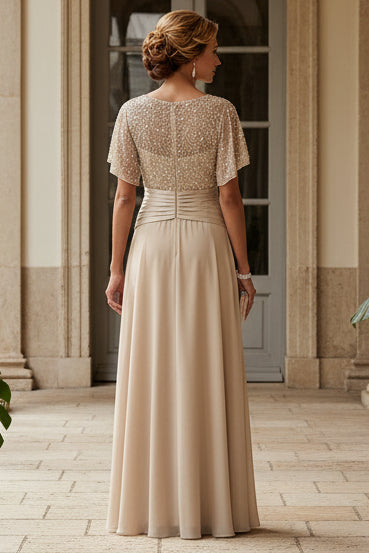 Beaded Flutter Sleeve A-Line Chiffon Evening Gown
