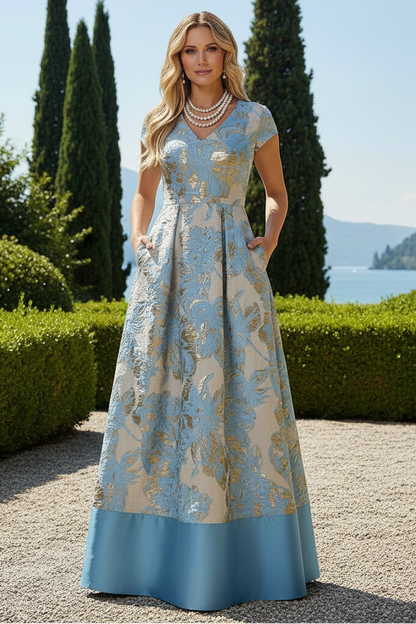 Floral Jacquard A-Line Gown with Pockets