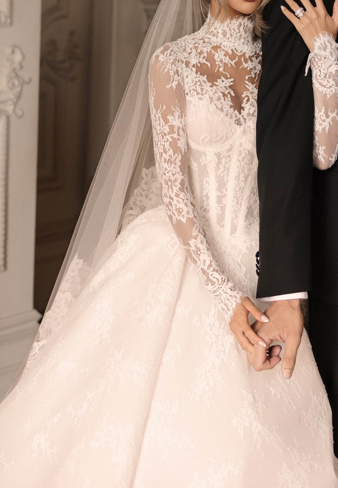 High-Neck Lace Ball Gown Wedding Dress with Long Sleeves