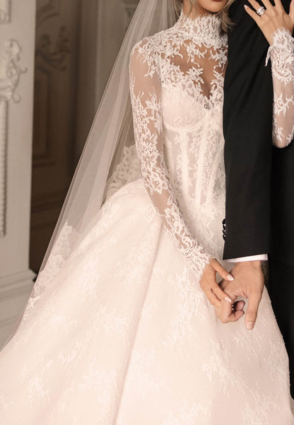 High-Neck Lace Ball Gown Wedding Dress with Long Sleeves