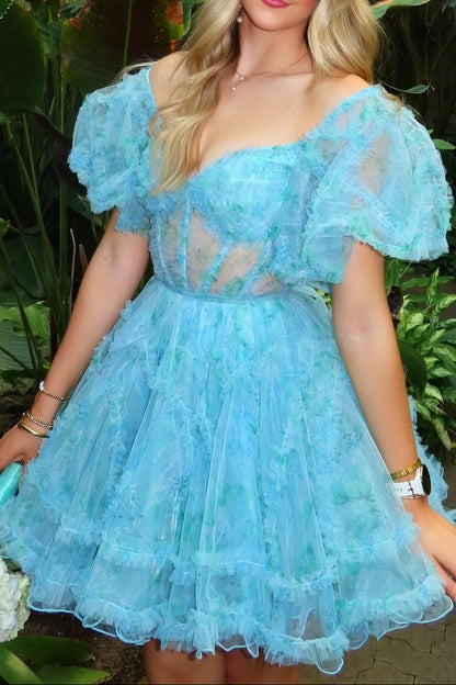Corset Puff Sleeve Ruffled Mini Dress