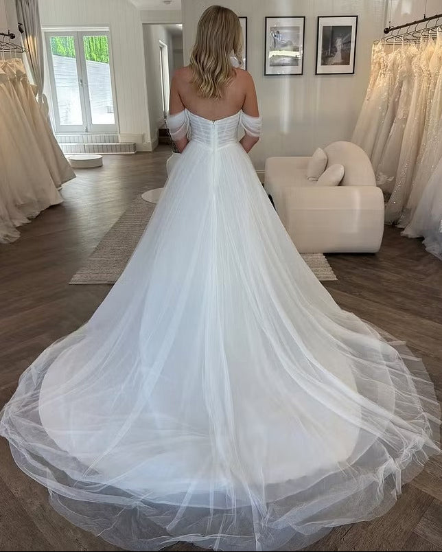 Off-the-Shoulder Corset Tulle A-Line Wedding Dress