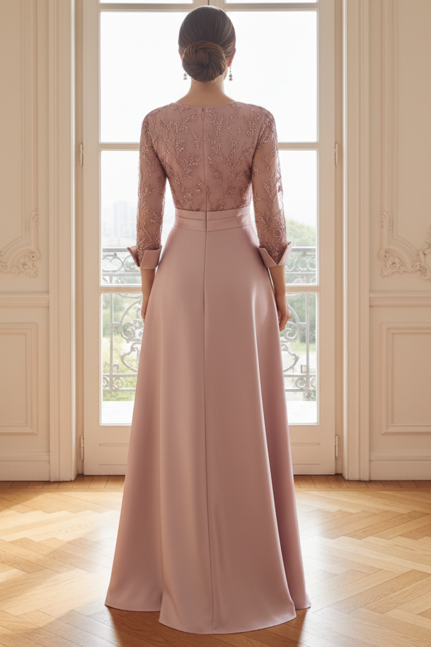 Embroidered 3/4 Sleeve A-Line Gown with Slit