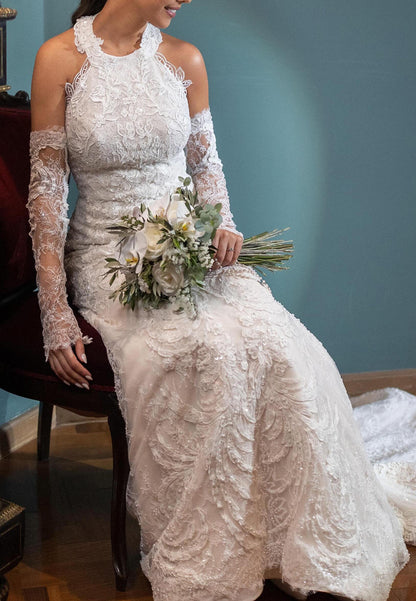 Halter Lace Mermaid Wedding Dress with Detachable Sleeves