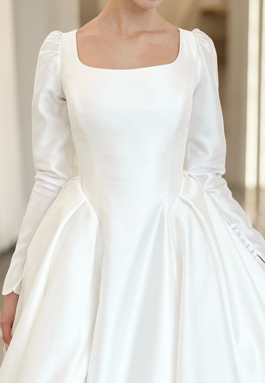 Square Neck Satin Ball Gown Wedding Dress with 3D Flowers