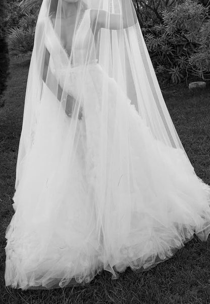 Deep V-Neck Textured Tulle A-Line Wedding Dress