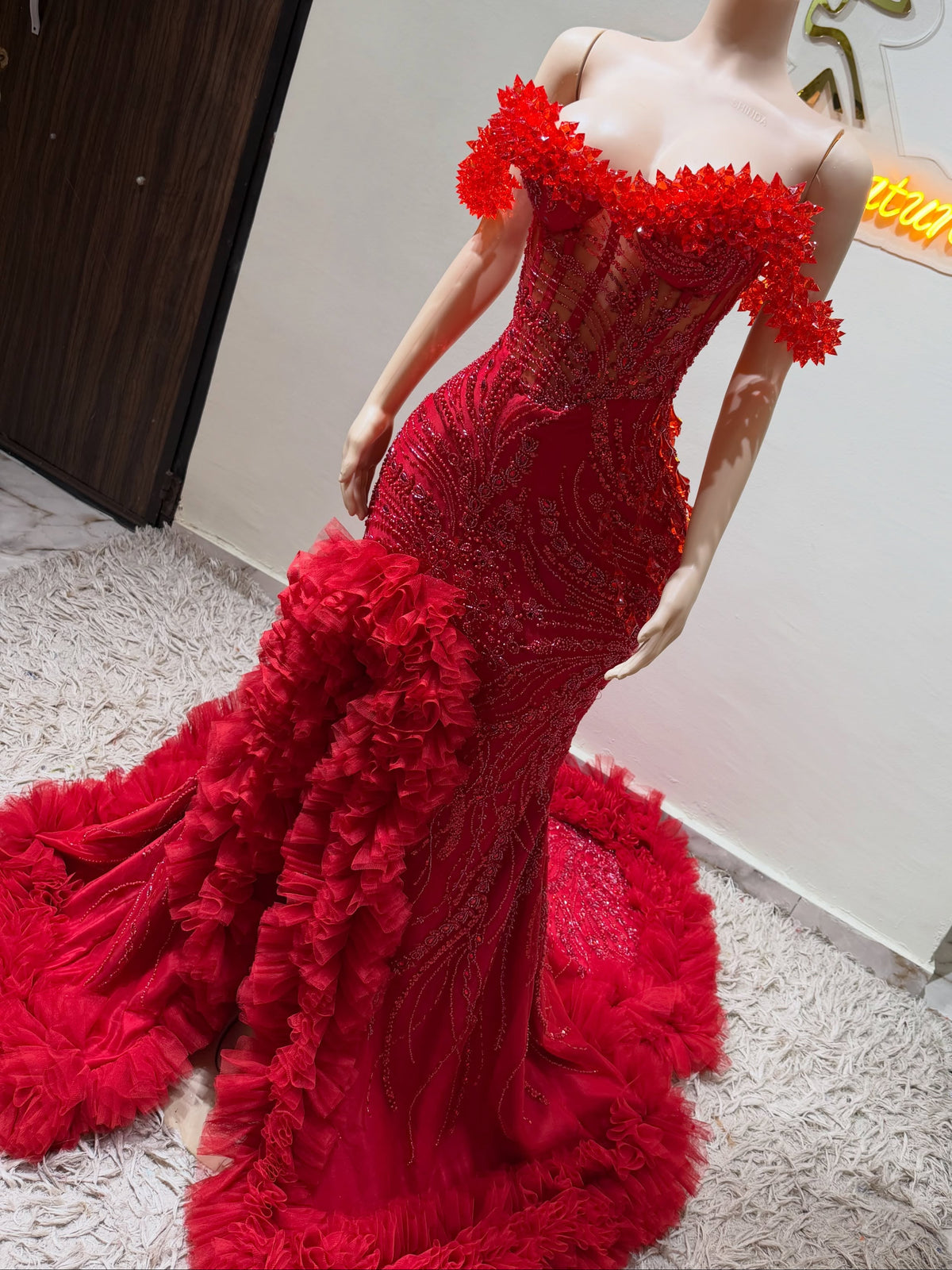 Off-the-Shoulder Beaded Corset Gown with Ruffle Train
