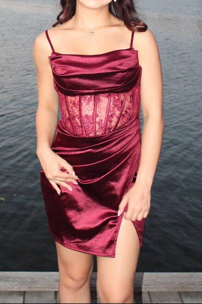 Corset Mini Dress with Cowl Neck and Slit