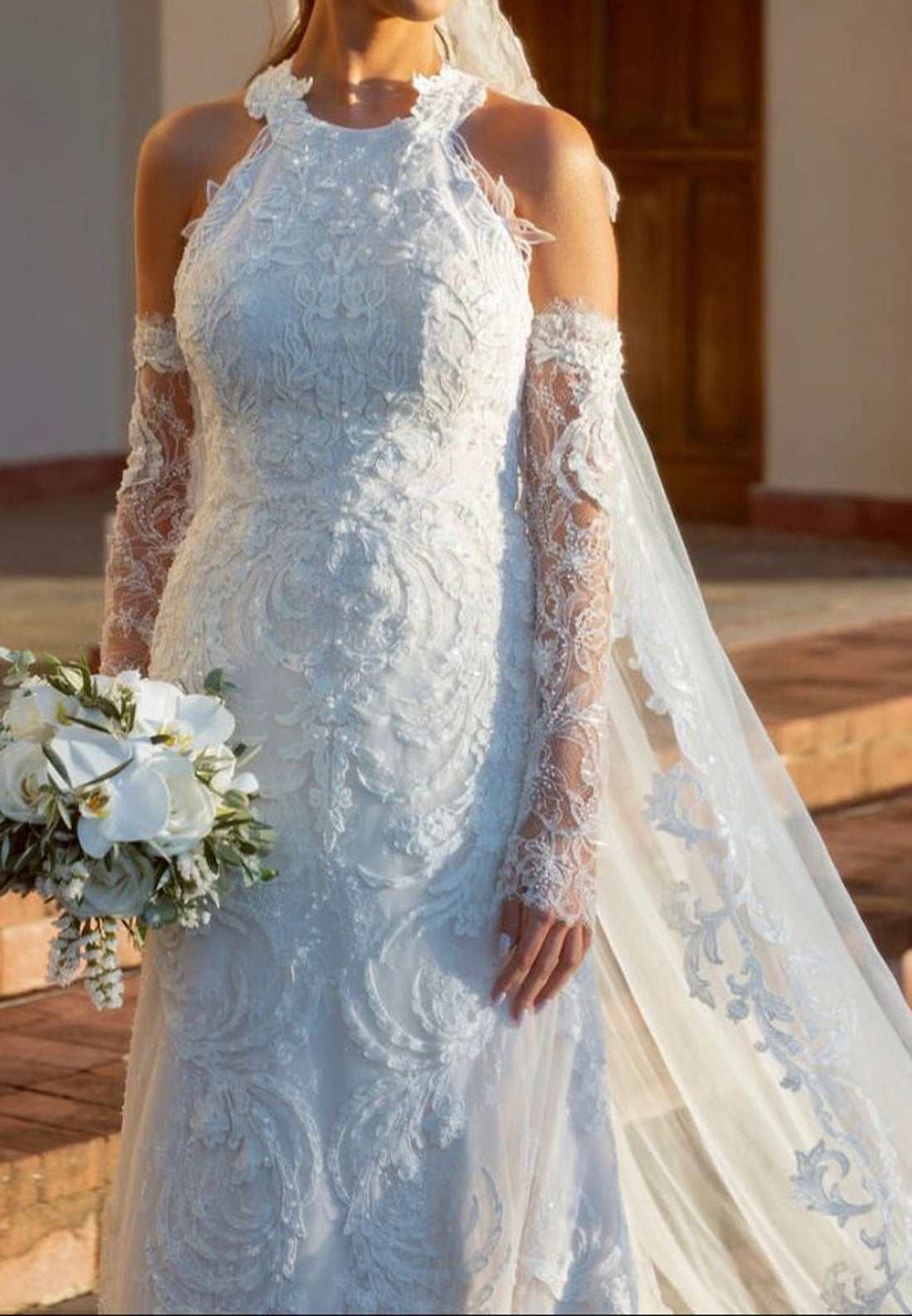 Halter Lace Mermaid Wedding Dress with Detachable Sleeves