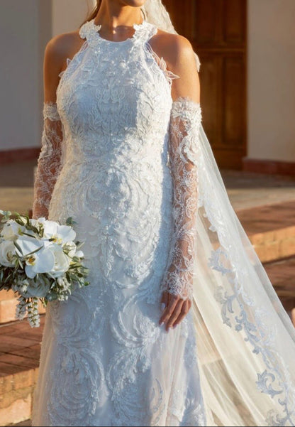 Halter Lace Mermaid Wedding Dress with Detachable Sleeves