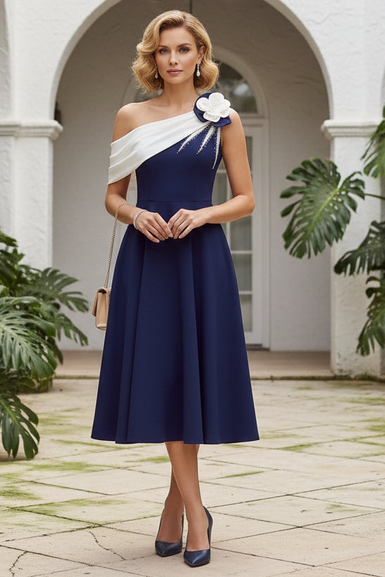 Asymmetrical One-Shoulder Tea-Length A-Line Dress