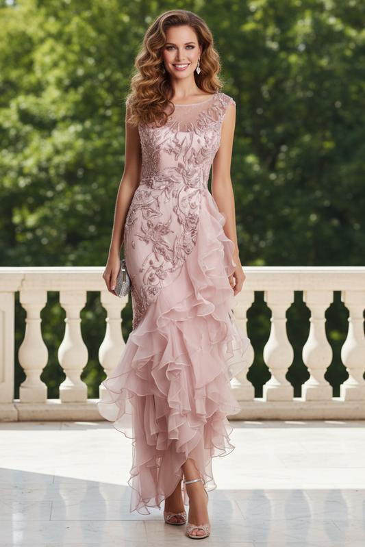 Embroidered Illusion Cap Sleeve High Low Evening Dress
