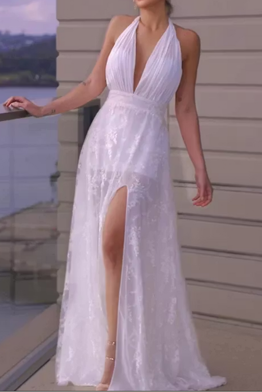Halter Plunging Slit Maxi Dress with Lace Overlay