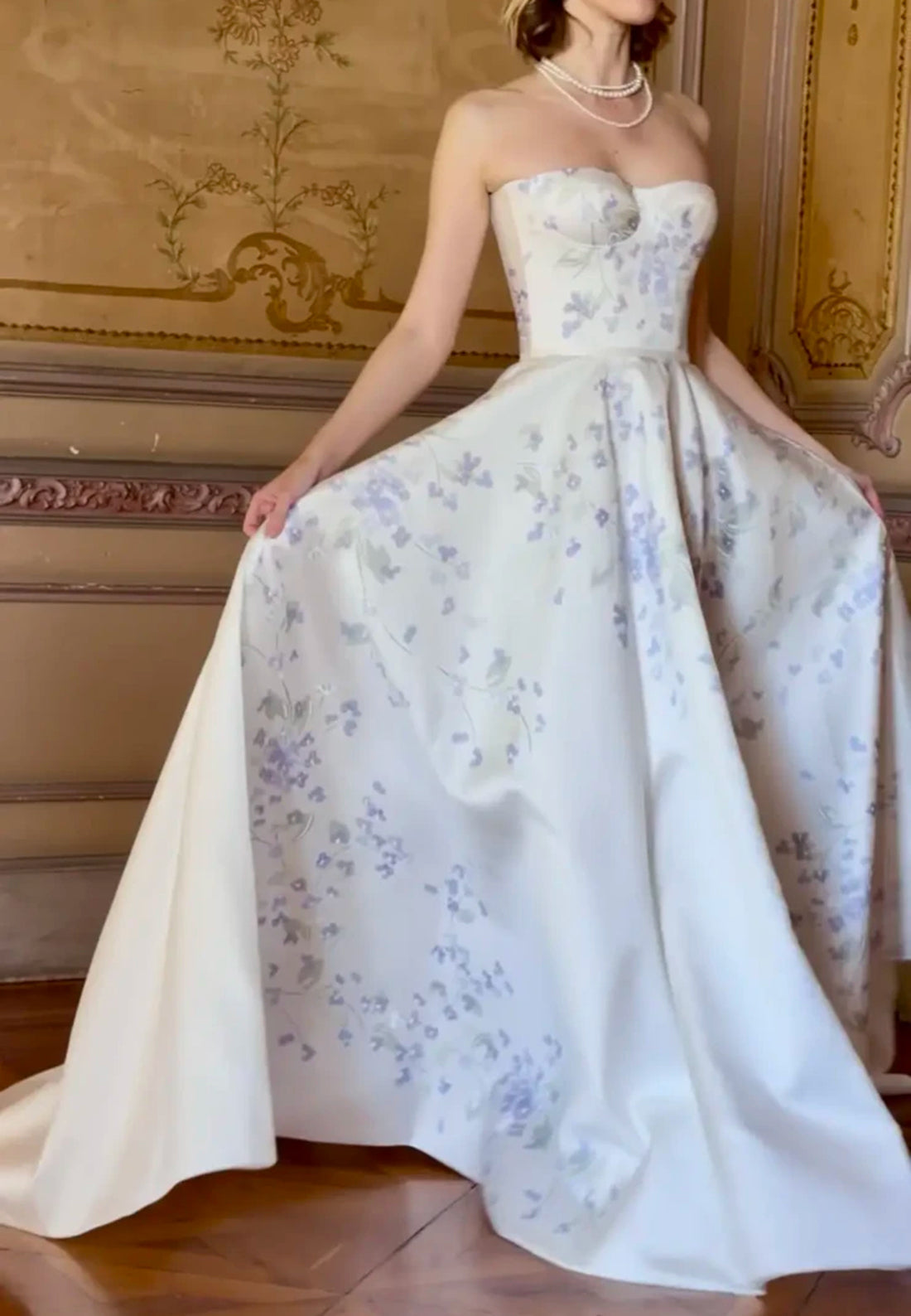 Floral Print Strapless Corset Ball Gown