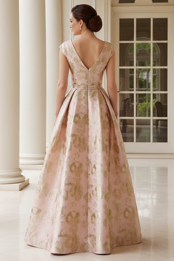 Floral Jacquard Ball Gown with Waist Bow