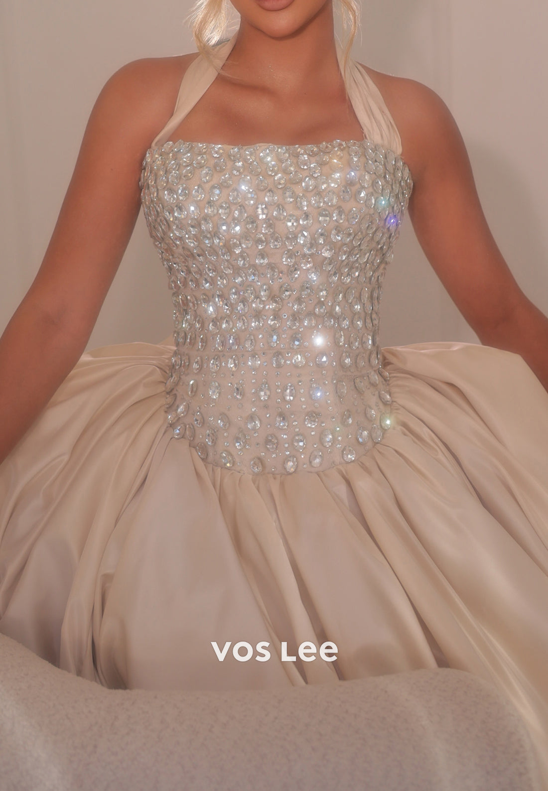 Crystal Beaded Halter Ball Gown with Shawl